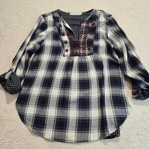 Abercrombie & Fitch Embroidered Plaid Tunic Top Roll Tab Sleeves Women's Size M